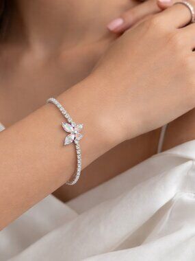 Butterfly Tennis Bracelet Link AB Cubic Zirconia CZ Stones Silver Toned New
